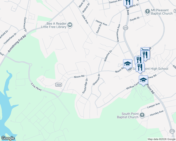 map of restaurants, bars, coffee shops, grocery stores, and more near 1817 Southridge Drive in Belmont