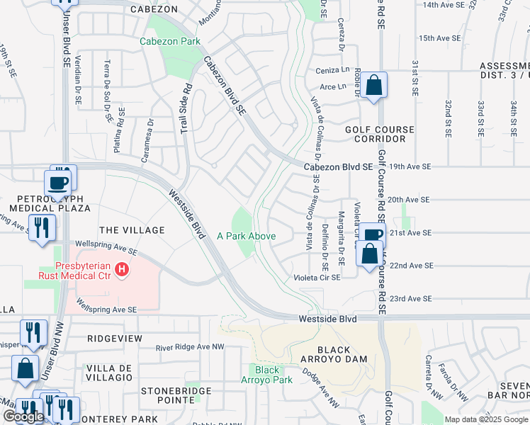map of restaurants, bars, coffee shops, grocery stores, and more near 2124 Violeta Circle Southeast in Rio Rancho