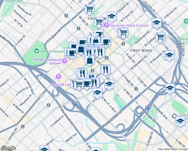 map of restaurants, bars, coffee shops, grocery stores, and more near 300 South Brevard Street in Charlotte