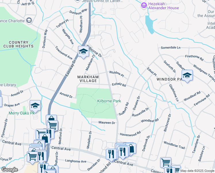 map of restaurants, bars, coffee shops, grocery stores, and more near 2400 Kilborne Drive in Charlotte