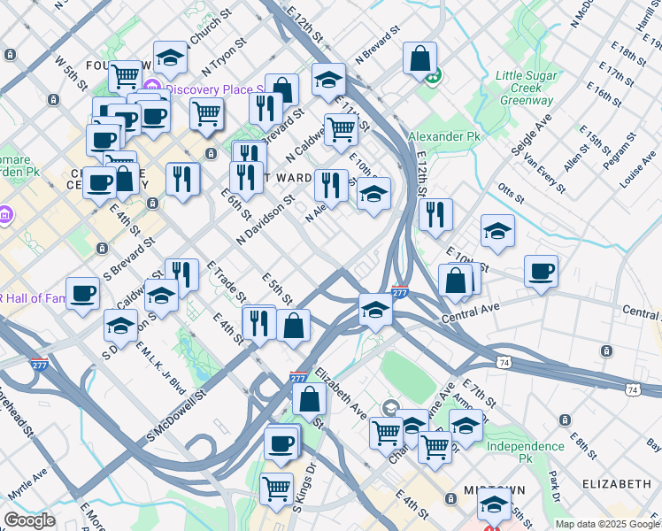 map of restaurants, bars, coffee shops, grocery stores, and more near 110 East 7th Street in Charlotte
