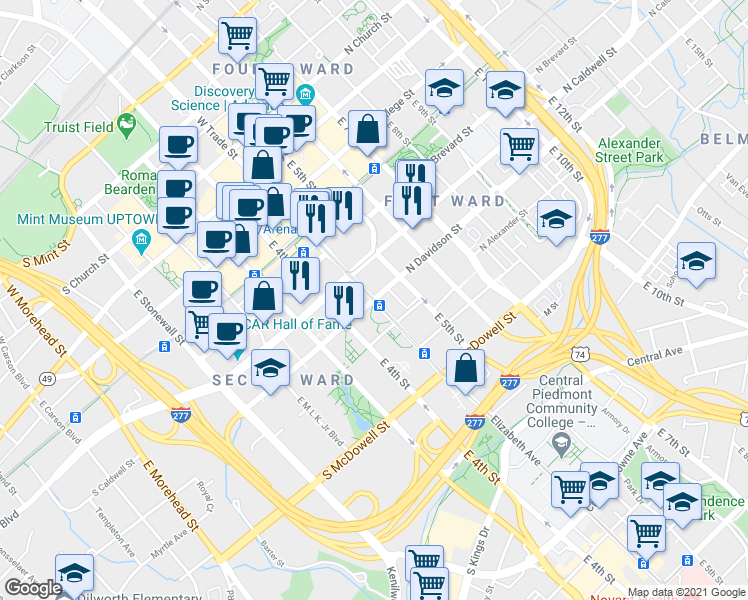 map of restaurants, bars, coffee shops, grocery stores, and more near N Davidson St & S Davidson St in Charlotte