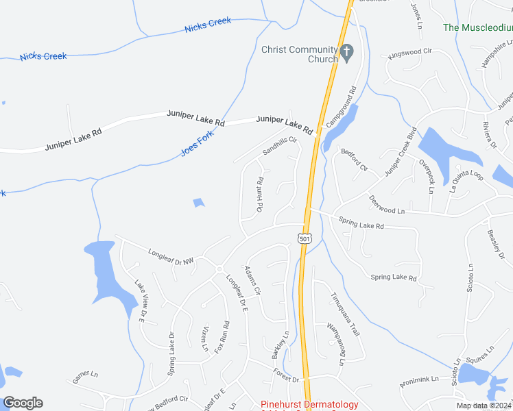 map of restaurants, bars, coffee shops, grocery stores, and more near 75 Old Hunt Road in Pinehurst