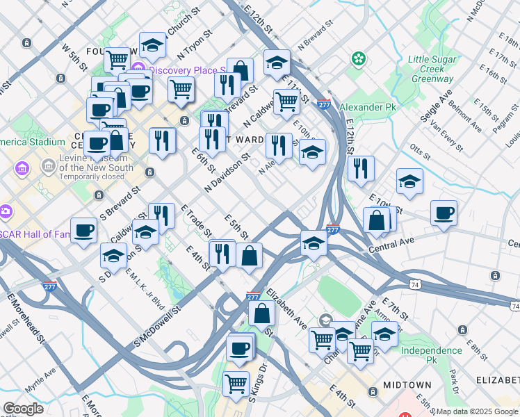 map of restaurants, bars, coffee shops, grocery stores, and more near 312 North Myers Street in Charlotte