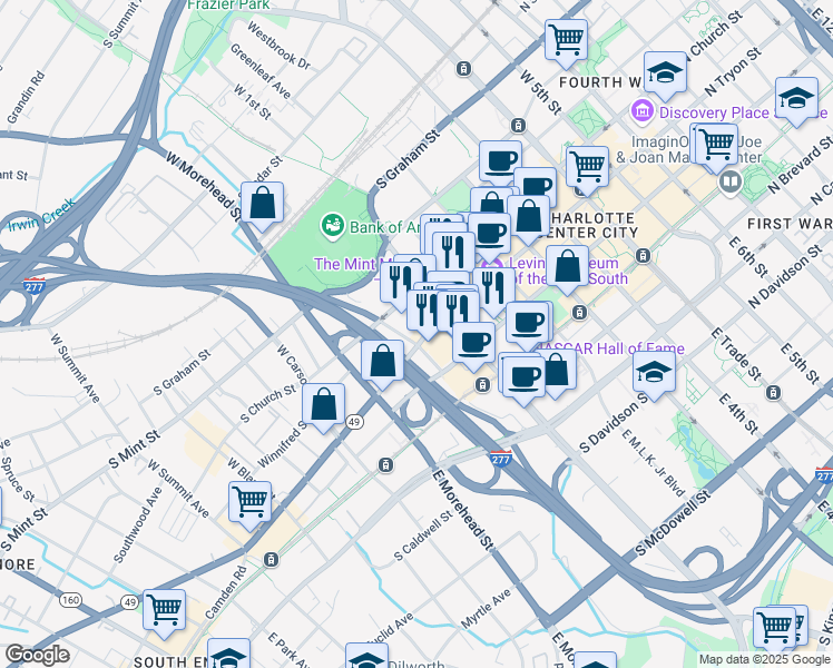 map of restaurants, bars, coffee shops, grocery stores, and more near 650 South Tryon Street in Charlotte