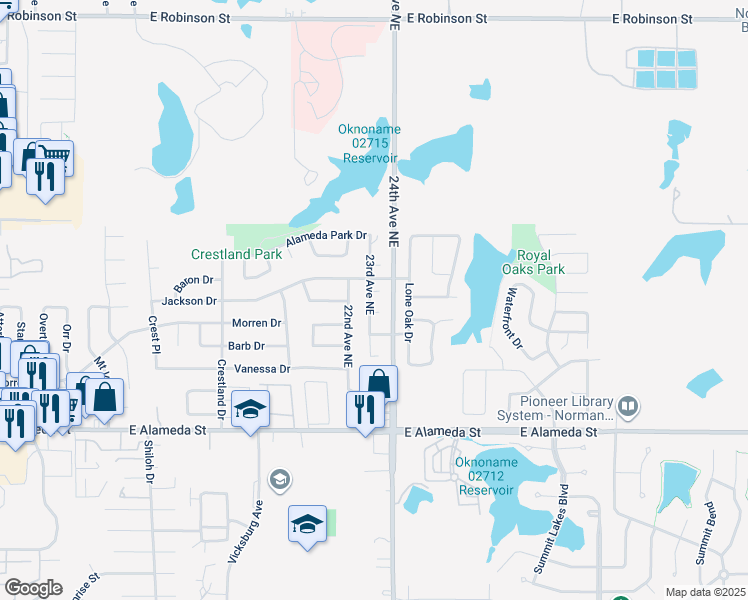 map of restaurants, bars, coffee shops, grocery stores, and more near 2300 Paul Court in Norman