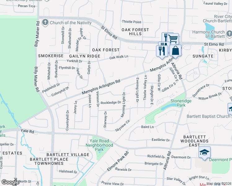 map of restaurants, bars, coffee shops, grocery stores, and more near 6266 Ledgewood Lane in Bartlett