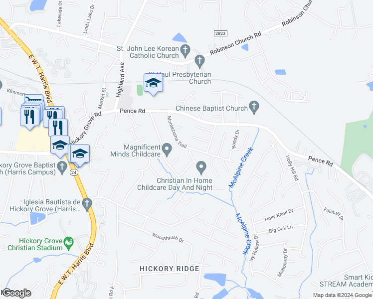 map of restaurants, bars, coffee shops, grocery stores, and more near 6521 Rockshire Drive in Charlotte