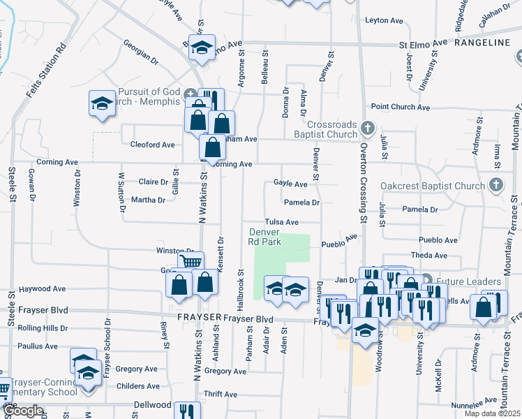 map of restaurants, bars, coffee shops, grocery stores, and more near 3561 Bigelow Street in Memphis
