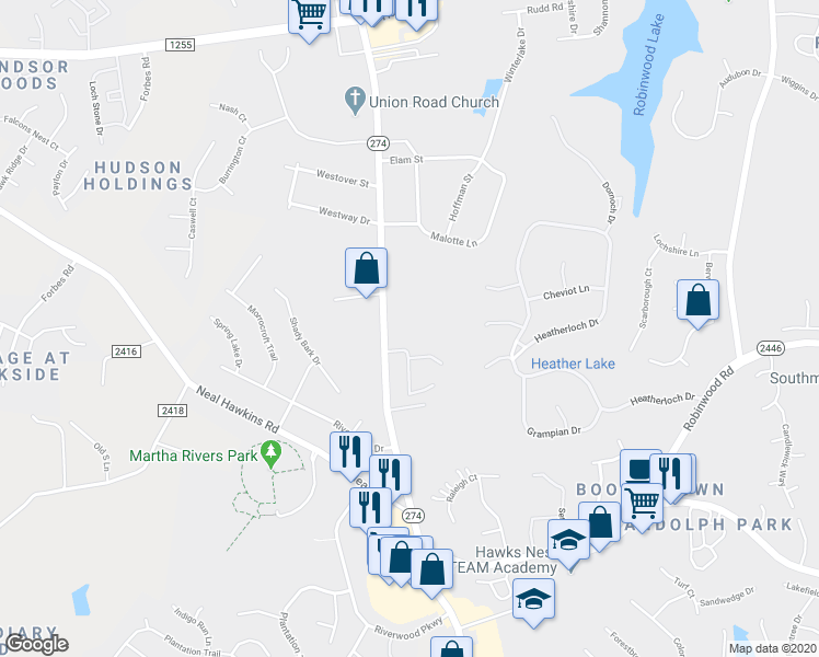 map of restaurants, bars, coffee shops, grocery stores, and more near 2708 Union Road in Gastonia
