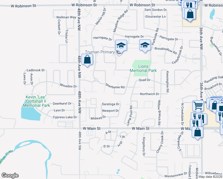 map of restaurants, bars, coffee shops, grocery stores, and more near 410 Scarlet St in Norman