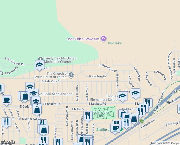 map of restaurants, bars, coffee shops, grocery stores, and more near 3820 North Steves Boulevard in Flagstaff