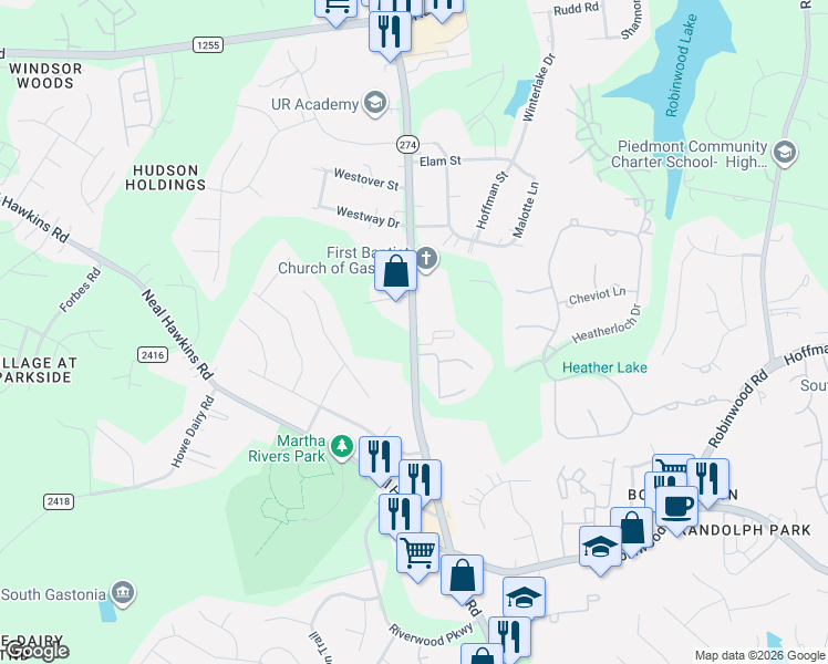 map of restaurants, bars, coffee shops, grocery stores, and more near 2709 Union Road in Gastonia
