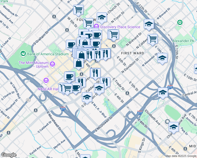 map of restaurants, bars, coffee shops, grocery stores, and more near 215 South Brevard Street in Charlotte