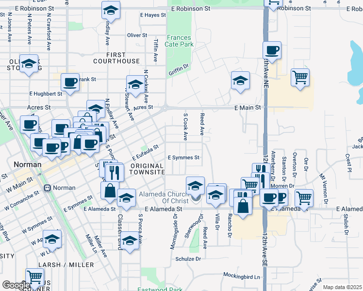 map of restaurants, bars, coffee shops, grocery stores, and more near 828 East Eufaula Street in Norman