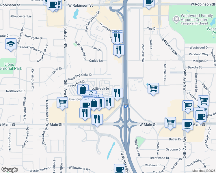 map of restaurants, bars, coffee shops, grocery stores, and more near 3101 Millbrook Drive in Norman