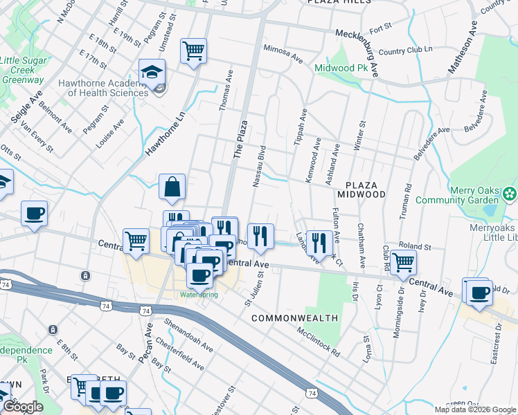 map of restaurants, bars, coffee shops, grocery stores, and more near 1808 Sprague Avenue in Charlotte