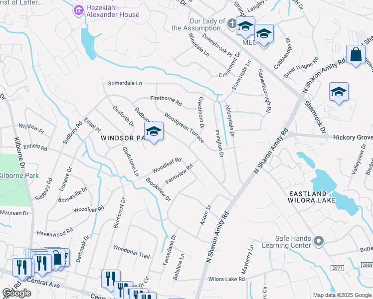 map of restaurants, bars, coffee shops, grocery stores, and more near 4100 Sudbury Road in Charlotte