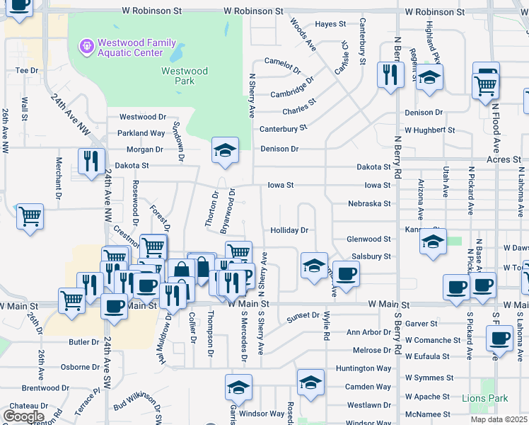 map of restaurants, bars, coffee shops, grocery stores, and more near 407 North Sherry Avenue in Norman