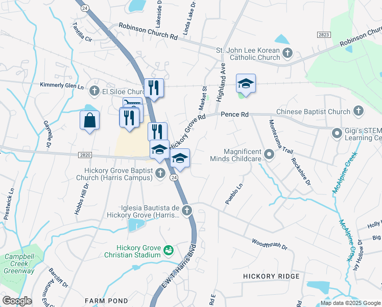 map of restaurants, bars, coffee shops, grocery stores, and more near 5724 Carved Oak Circle in Charlotte