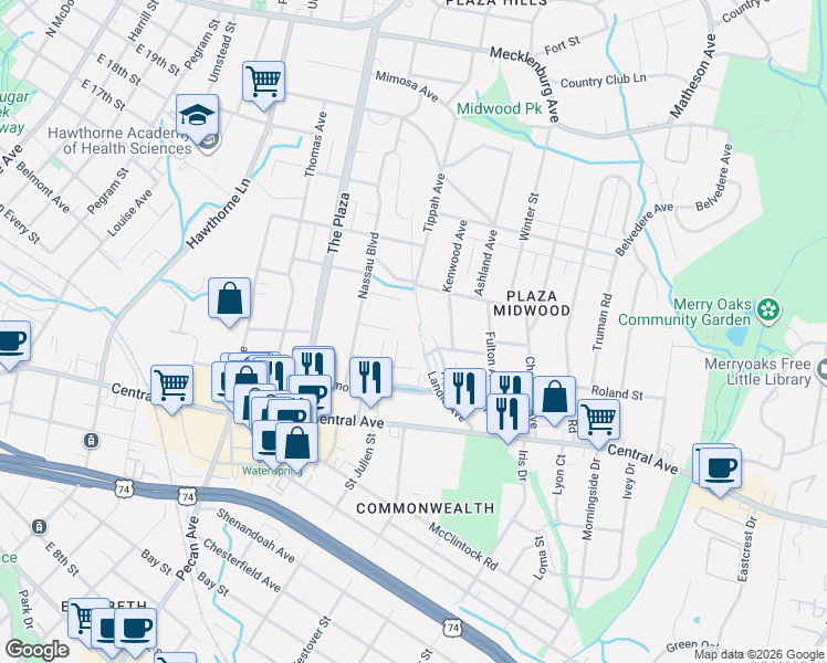 map of restaurants, bars, coffee shops, grocery stores, and more near in Charlotte