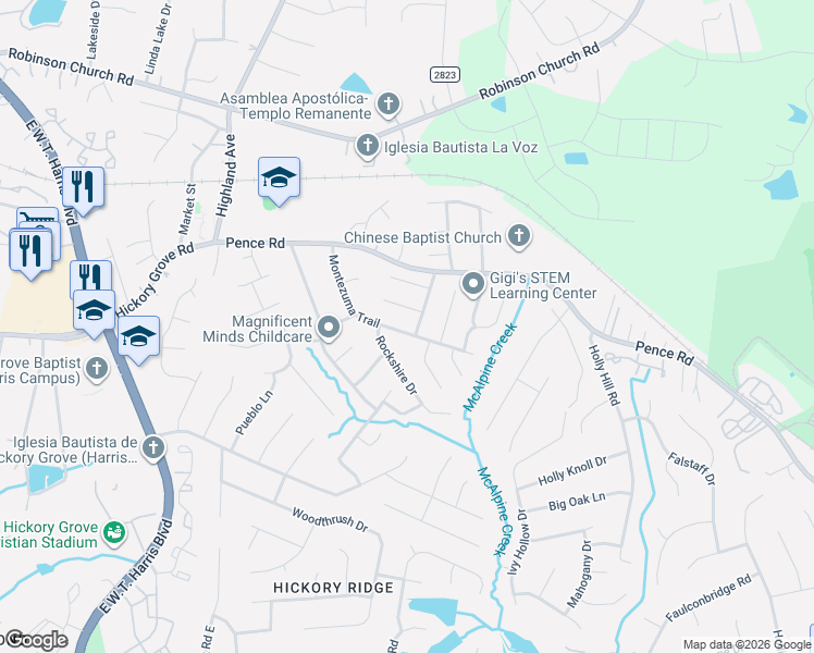 map of restaurants, bars, coffee shops, grocery stores, and more near 6508 Montezuma Trail in Charlotte