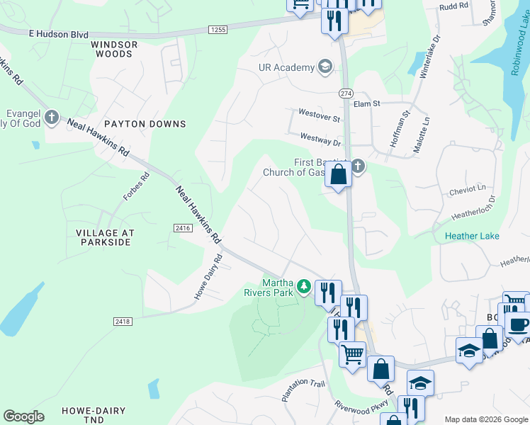 map of restaurants, bars, coffee shops, grocery stores, and more near 1317 Morrocroft Trail in Gastonia