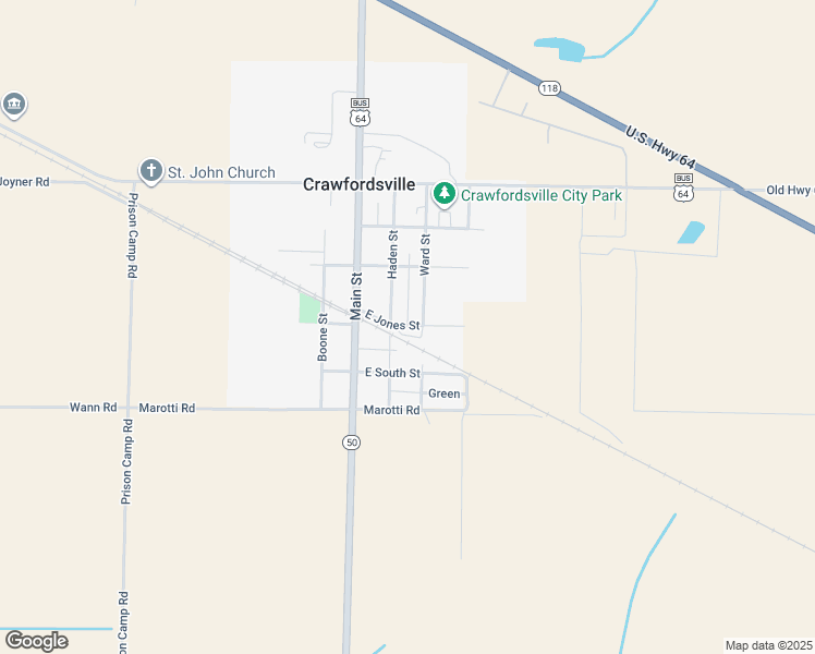 map of restaurants, bars, coffee shops, grocery stores, and more near 304 West Jones Street in Crawfordsville