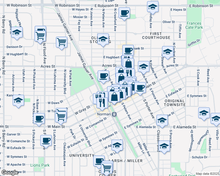 map of restaurants, bars, coffee shops, grocery stores, and more near 220 North Peters Avenue in Norman