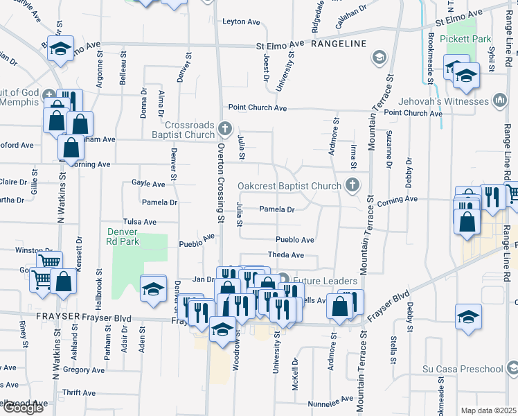 map of restaurants, bars, coffee shops, grocery stores, and more near 2176 Pamela Drive in Memphis