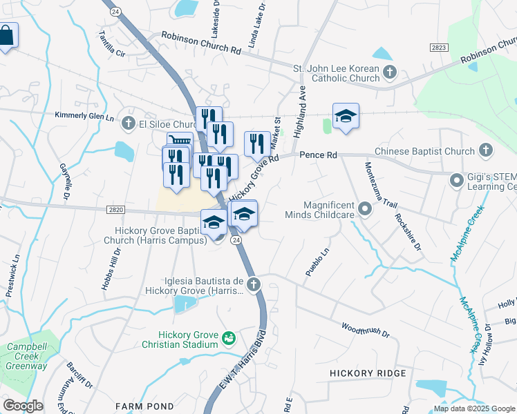 map of restaurants, bars, coffee shops, grocery stores, and more near 5724 Carved Oak Circle in Charlotte