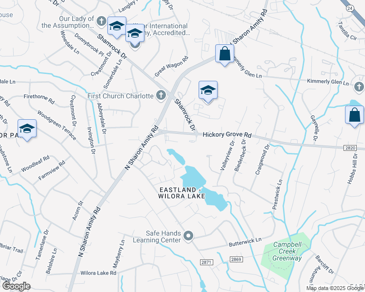 map of restaurants, bars, coffee shops, grocery stores, and more near 4824 Spring Lake Drive in Charlotte