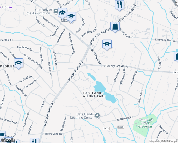 map of restaurants, bars, coffee shops, grocery stores, and more near 4800 Spring Lake Drive in Charlotte