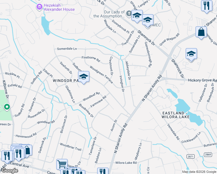 map of restaurants, bars, coffee shops, grocery stores, and more near 4100 Sudbury Road in Charlotte
