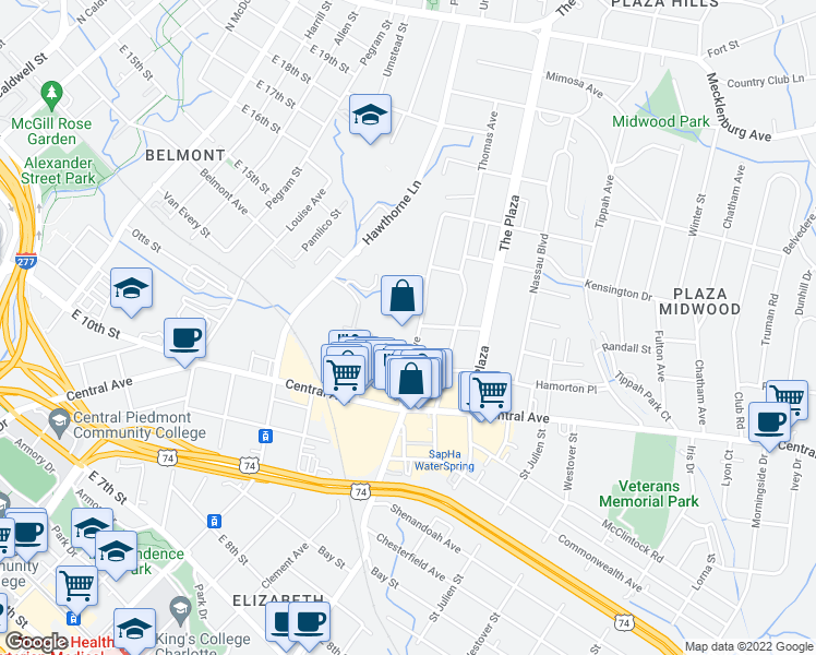 map of restaurants, bars, coffee shops, grocery stores, and more near 1216 Clement Avenue in Charlotte