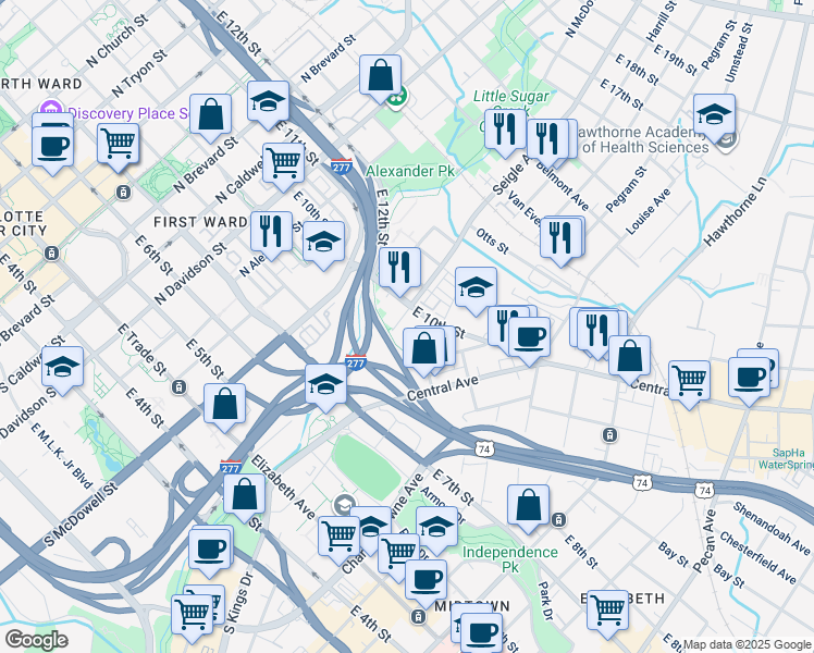 map of restaurants, bars, coffee shops, grocery stores, and more near 609 Seigle Avenue in Charlotte