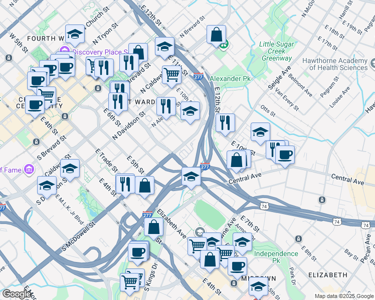 map of restaurants, bars, coffee shops, grocery stores, and more near in Charlotte