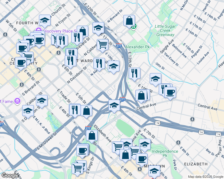 map of restaurants, bars, coffee shops, grocery stores, and more near 435 M Street in Charlotte