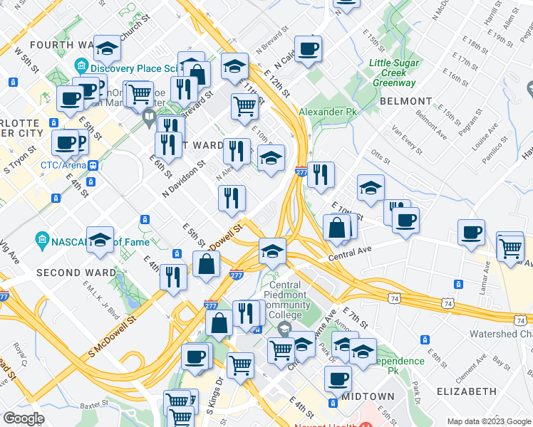 map of restaurants, bars, coffee shops, grocery stores, and more near 412 North McDowell Street in Charlotte