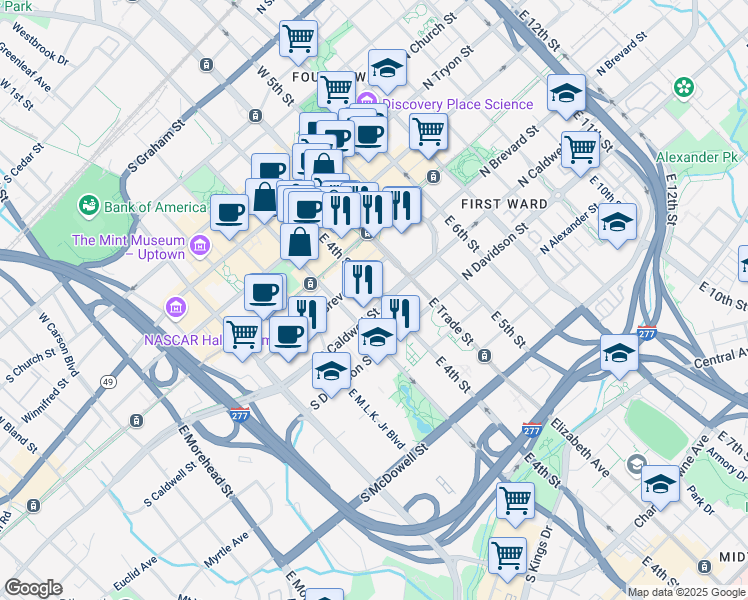 map of restaurants, bars, coffee shops, grocery stores, and more near 215 South Brevard Street in Charlotte