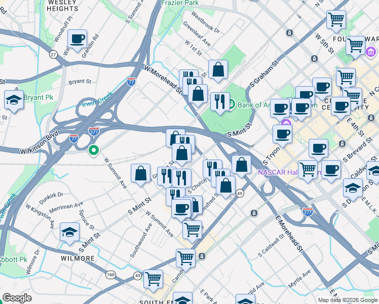 map of restaurants, bars, coffee shops, grocery stores, and more near in Charlotte