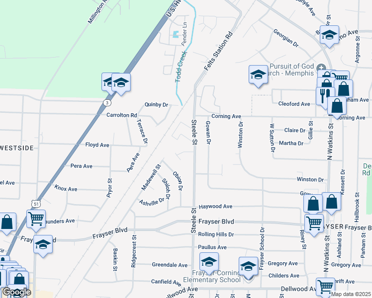 map of restaurants, bars, coffee shops, grocery stores, and more near 3565 Steele Street in Memphis