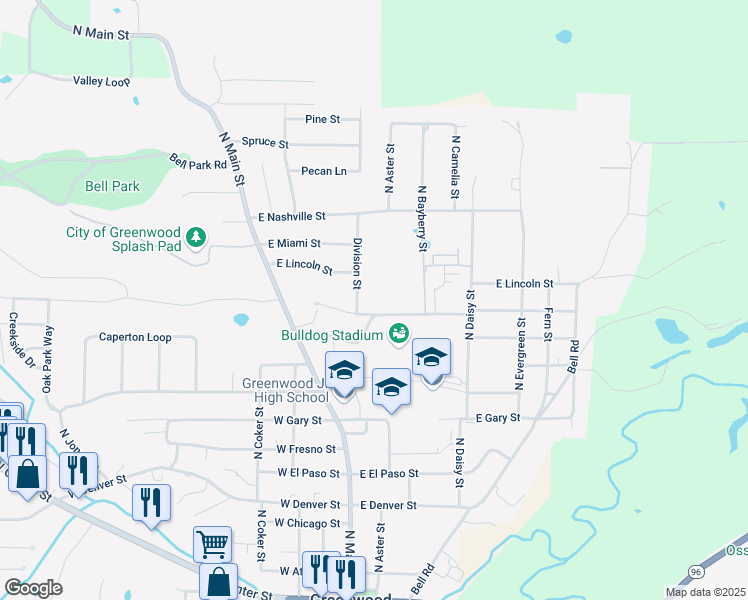 map of restaurants, bars, coffee shops, grocery stores, and more near 704 Division Street in Greenwood