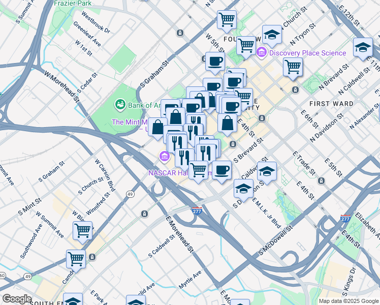map of restaurants, bars, coffee shops, grocery stores, and more near 525 South Tryon Street in Charlotte