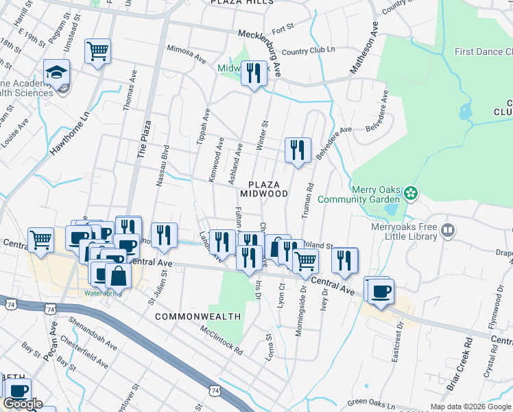 map of restaurants, bars, coffee shops, grocery stores, and more near 1811 Chatham Avenue in Charlotte