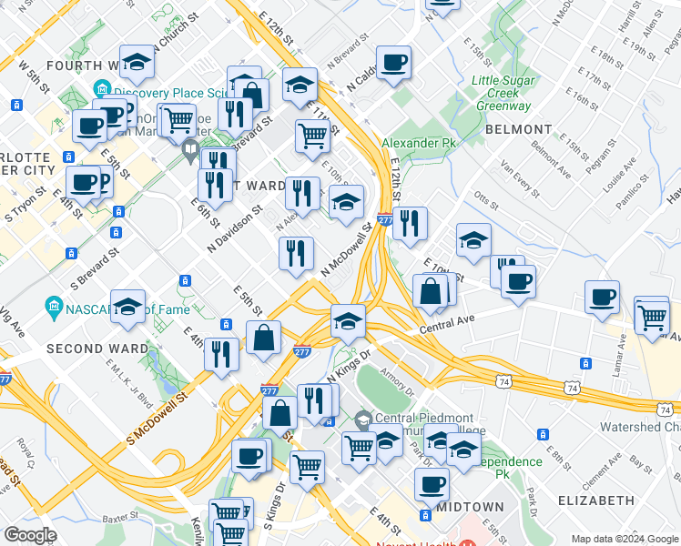 map of restaurants, bars, coffee shops, grocery stores, and more near in Charlotte