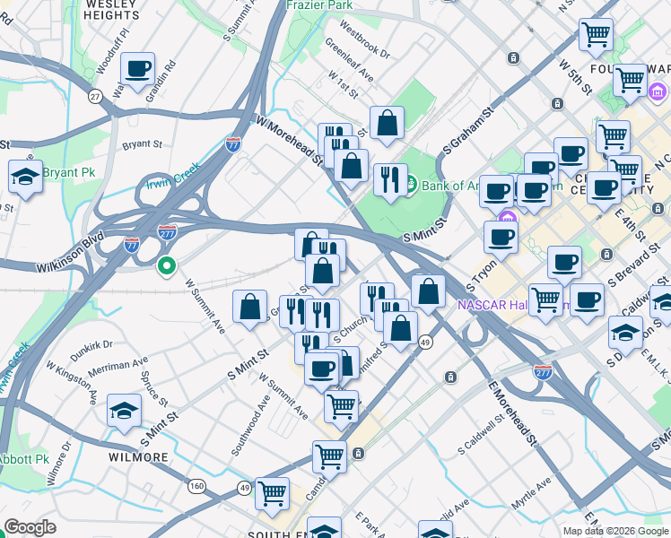 map of restaurants, bars, coffee shops, grocery stores, and more near in Charlotte
