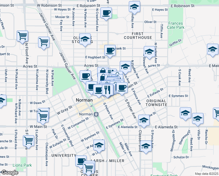 map of restaurants, bars, coffee shops, grocery stores, and more near 225 East Gray Street in Norman