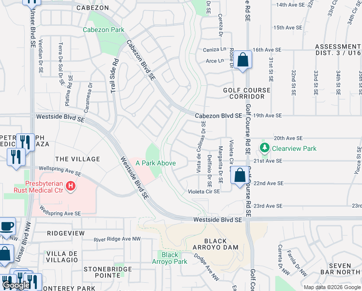 map of restaurants, bars, coffee shops, grocery stores, and more near 2706 Subio Road Southeast in Rio Rancho