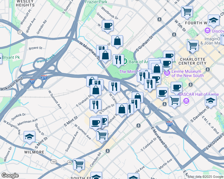 map of restaurants, bars, coffee shops, grocery stores, and more near 1017 South Mint Street in Charlotte